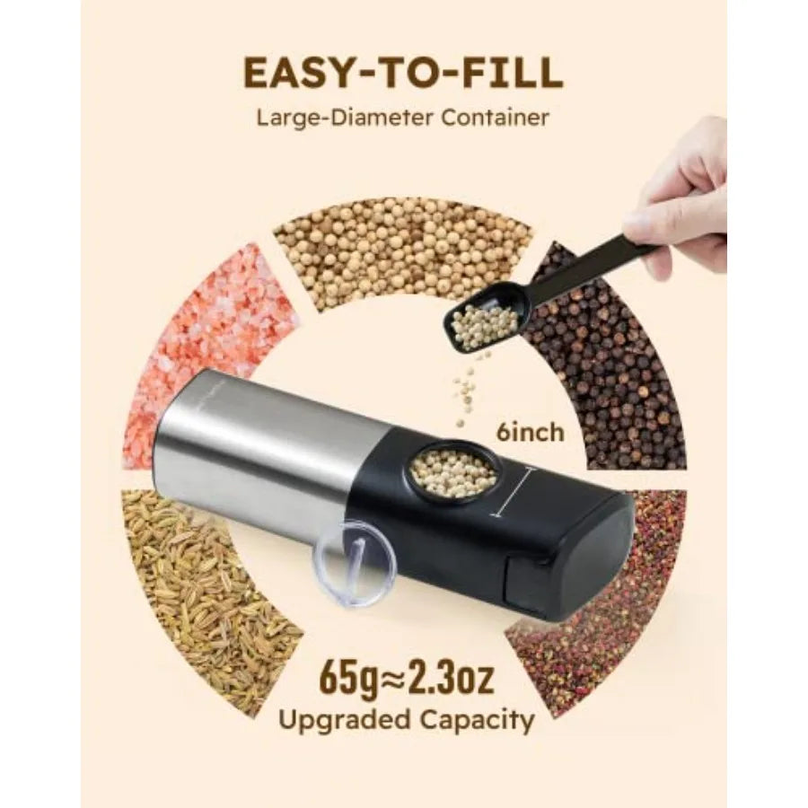 USB Rechargeable Salt and Pepper Grinder Set with Dual Charging Base for Kitchen Countertop - Large Capacity Adjustable Coarsen