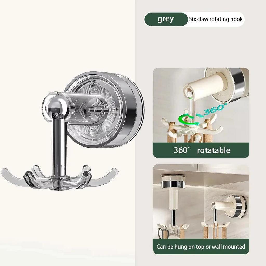 Kitchen Suction Cup Six-claw Rotating Hook Organizer Household Punch-free Spatula Spoon Wall-mounted Storage Shelf