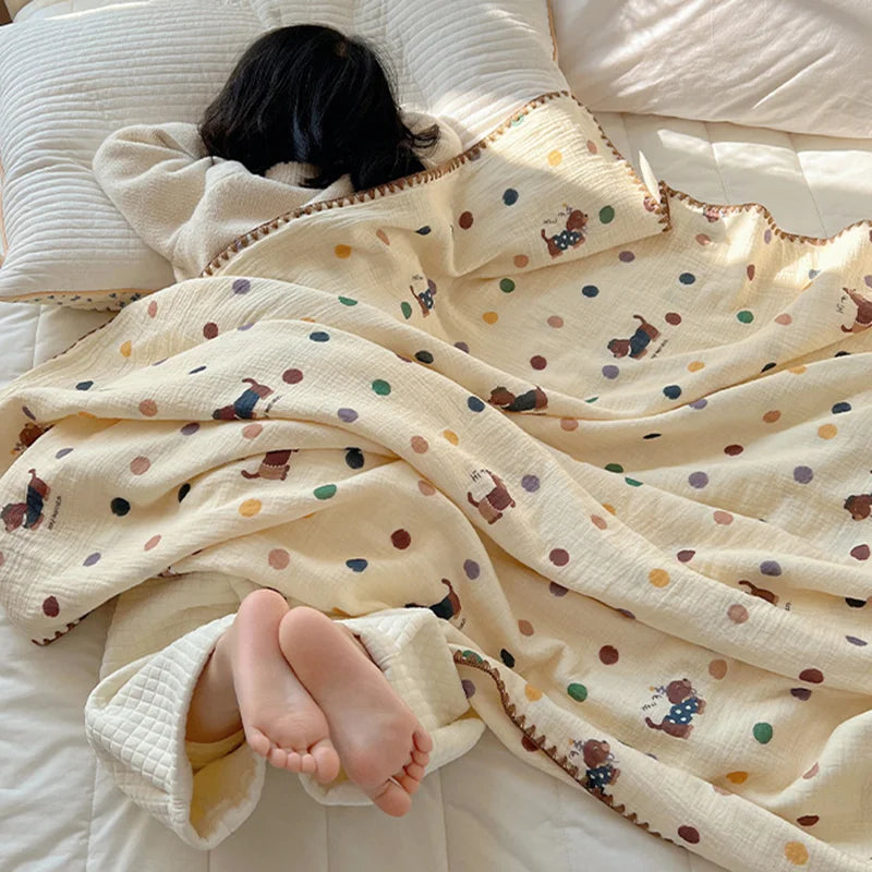 Korean Pure Cotton Multi-Purpose Blanket Cartoon Casual Shawl for Travel Airplane Kids Adults Air Conditioning Blanket for Home