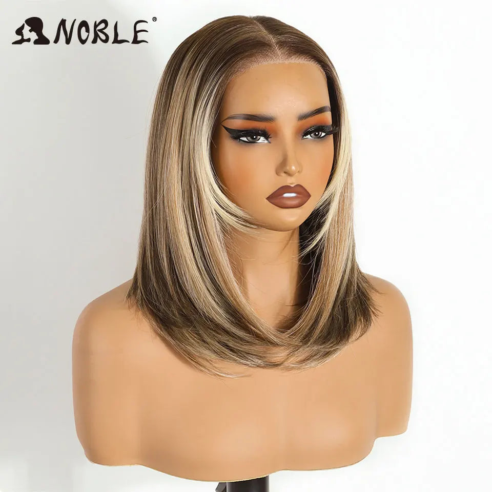 NOBLE 16 Inch 6x4 Lace Front Wig Synthetic Hair Ombre Ash Blonde with Dark Root Heat Resistant Fiber Glueless Wig for Women