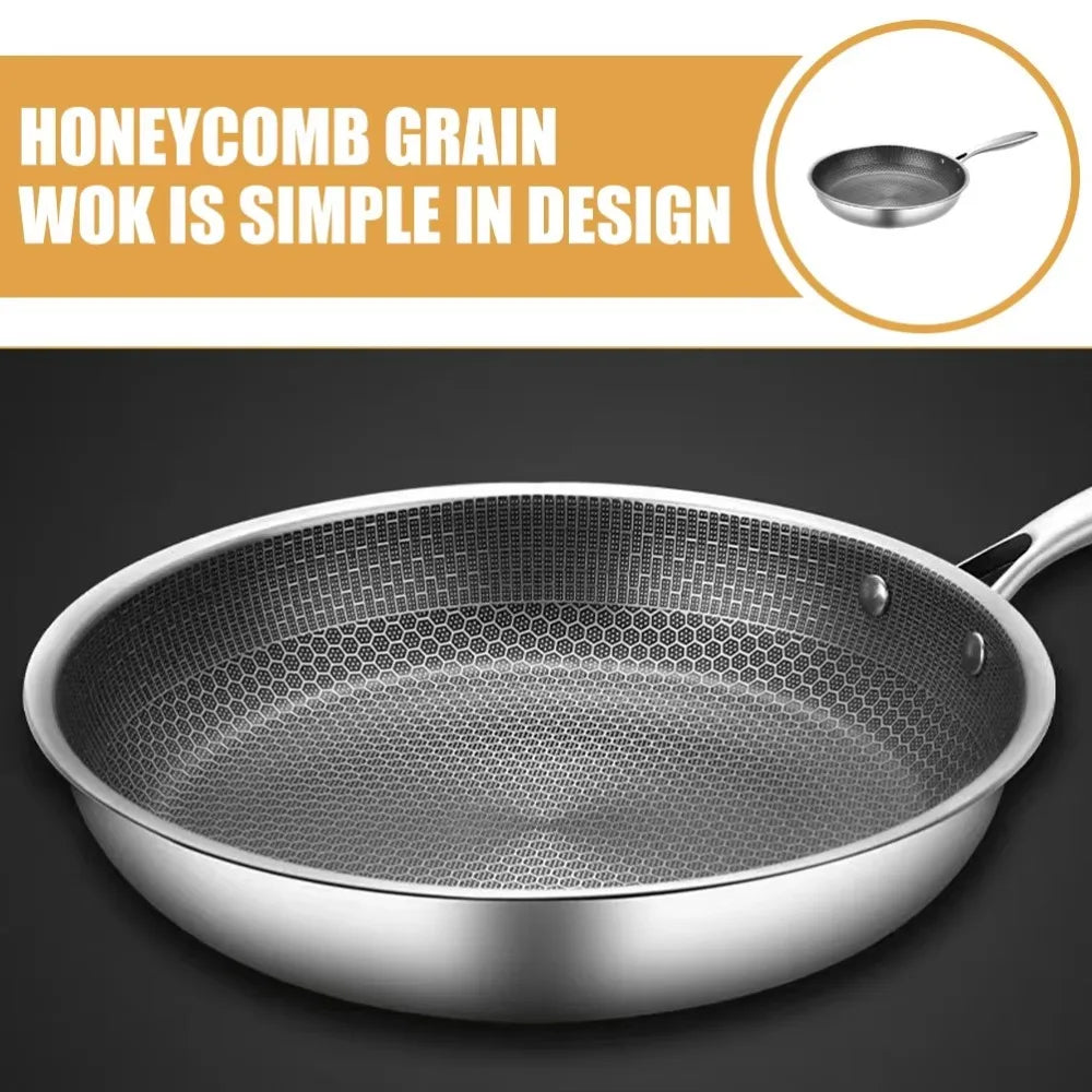 26/28/30cm Frying Pan Stainless Steel Honeycomb Pot Non-coated NonStick Pan Thickened Steak Cooking Pot Gas Induction Cooker