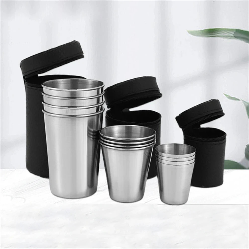 4pcs/Set Stainless Steel Cups with Storage Bag Metal Drinking Cups Stackable Water Tumblers 30ml/70ml/170ml for Outdoor Travel