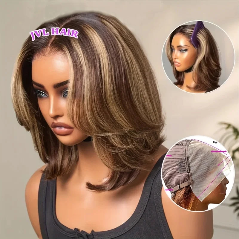 Blonde Highlight Straight Short Bob Ombre Wig 220% Density 4/27 Honey Blonde Lace Front Straight Wigs Human Hair For Women