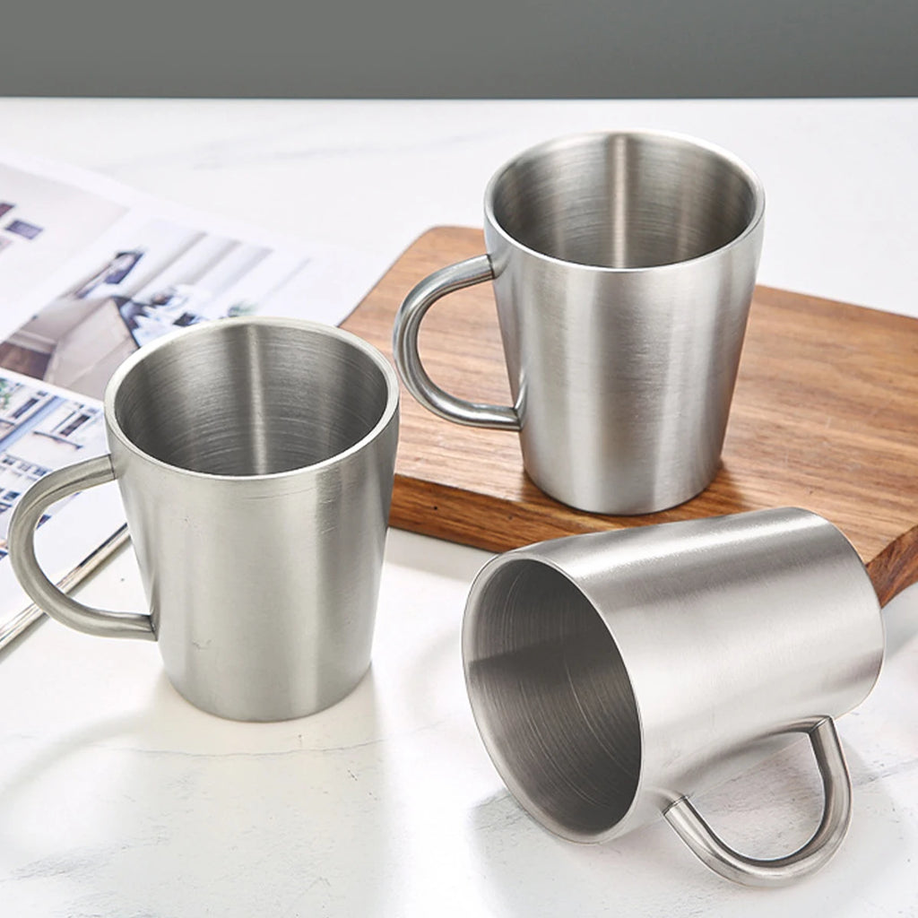 WORTHBUY 304 Stainless Steel Water Mug With Handle Double Wall Anti Scalding Drinking Cup Children Milk Coffee Cup Drinkware  ﻿