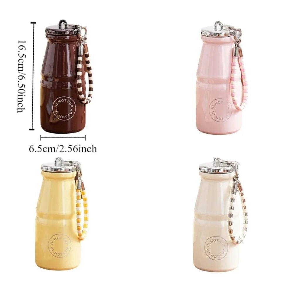 280ML Milk Coffee Cup Leak Proof with Hanging Chain Stainless Steel Pocket Cup Macaron Color Insulated Water Bottle