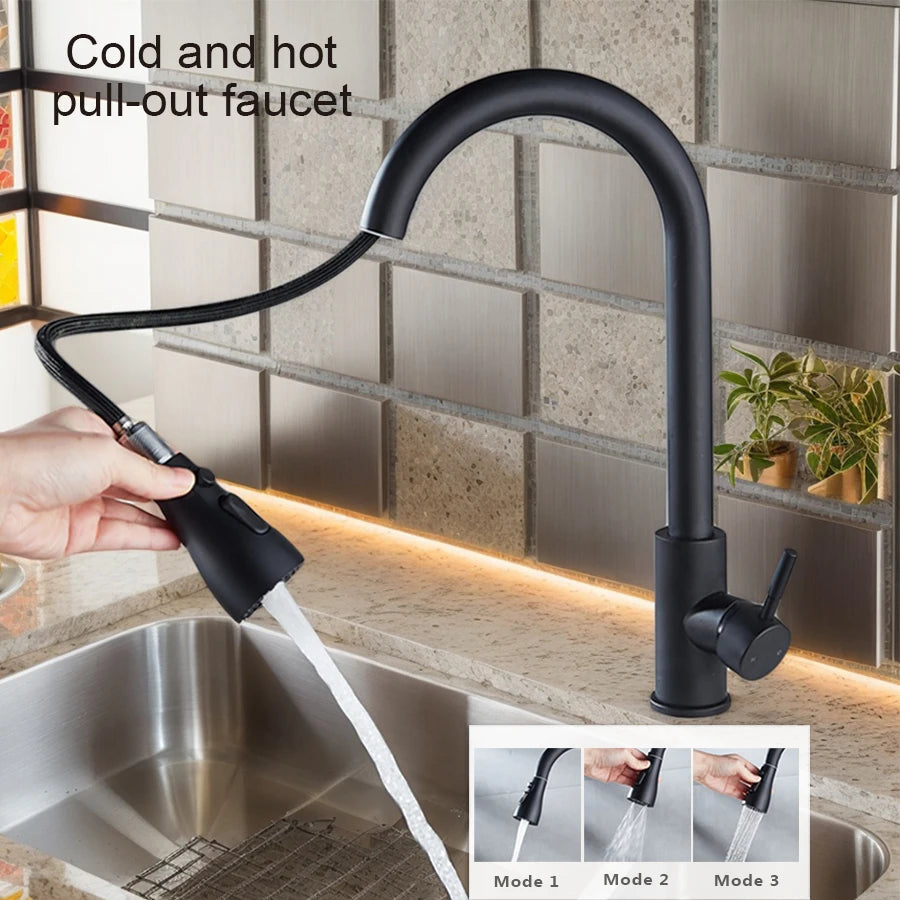 1 set of kitchen sink cold and hot pull-out stainless steel faucet with three-speed switch and rotatable water outlet mode