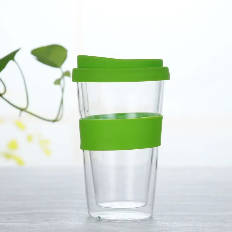 Heat Resistant Double Wall Glass Cup, Drink Water Bottle with silicone Cover and Anti scalding Sleeve, Office Handy Mug
