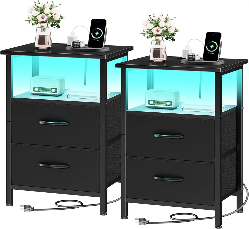 2-Piece LED Nightstand Set with Charging Station, Fabric Drawers & Storage Shelves for Bedroom