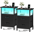 2-Piece LED Nightstand Set with Charging Station, Fabric Drawers & Storage Shelves for Bedroom