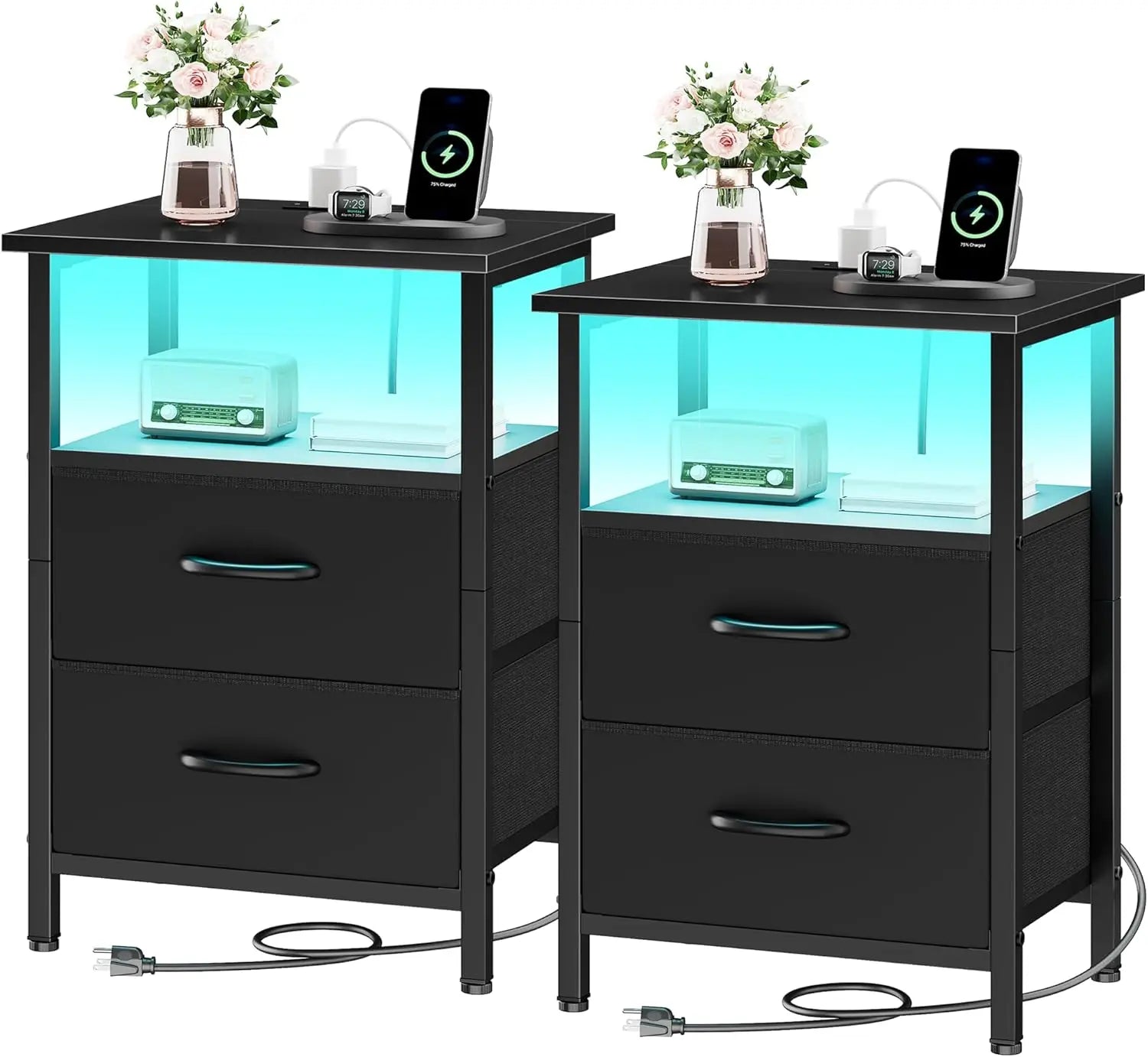 2-Piece LED Nightstand Set with Charging Station, Fabric Drawers & Storage Shelves for Bedroom
