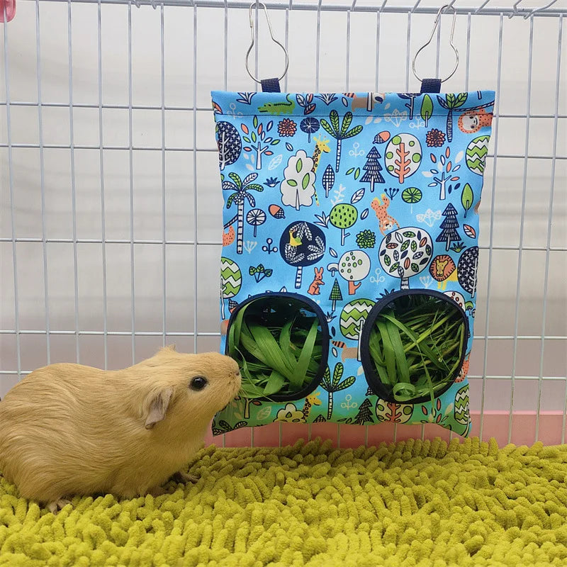Hanging Hay Bag with hooks for Bunny Guinea Pigs Small Animal Feeder Rabbit Food Dispensers Bag Pet Feeding Bag 2/3 Holes
