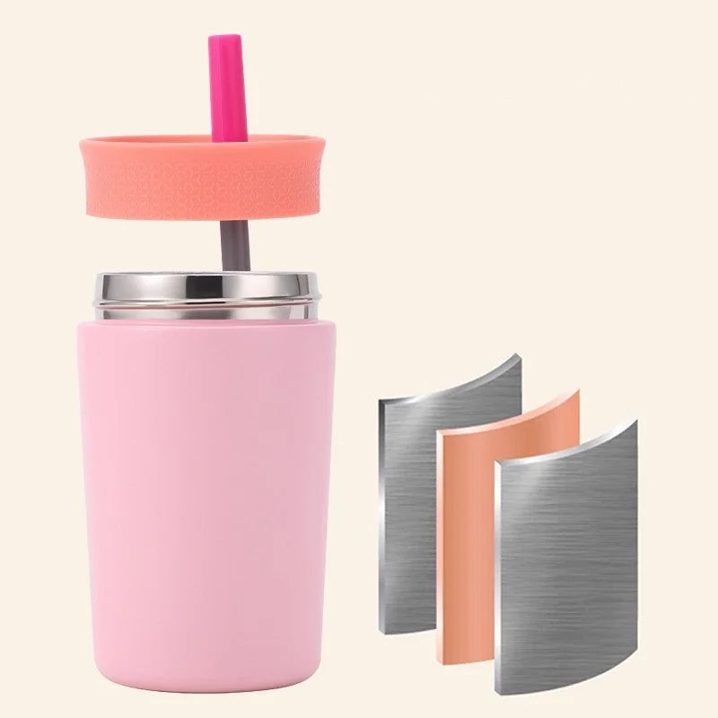 12oz Portable Thermos Cup Coffee Mug Stainless Steel Vacuum Flask Cold&Hot Sport Cup Car Cup with Straw Travel Mug Insulated Cup