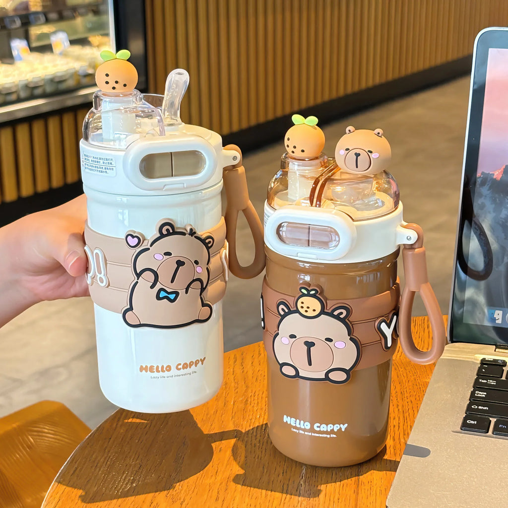 520ml Capybara Simplicity 316 Stainless Steel Vacuum Cup With Straw Strap Double Drink Portable Student Water Bottle