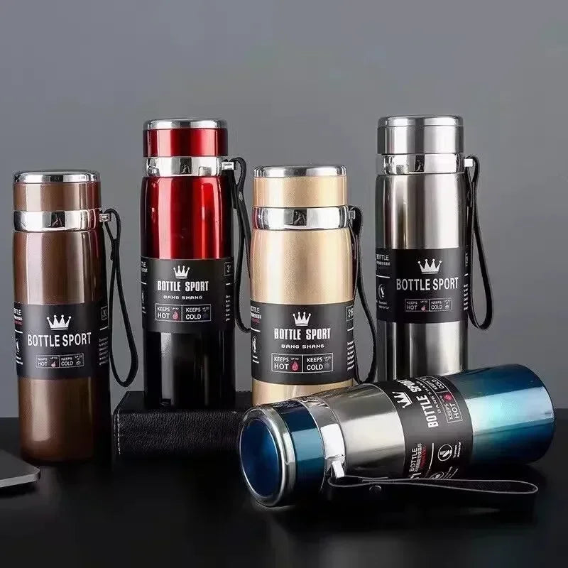 Thermos Bottle 1L Thermal Water Bottle Stainless Steel Insulated Cup Gradient Color Lid Strap Travel Outdoor Sports Wholesale