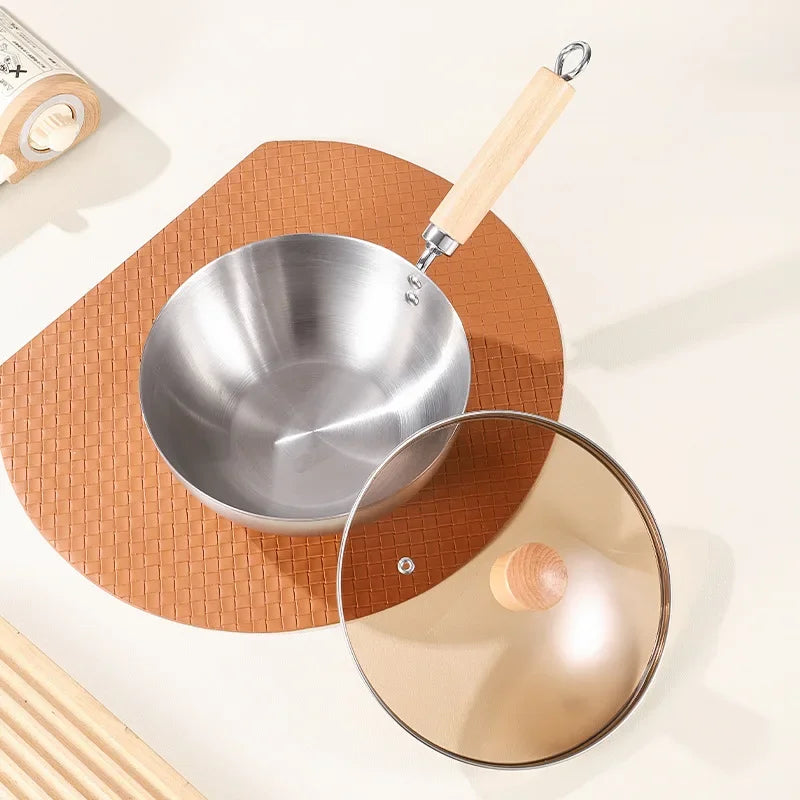 Small Wok Frying Pan 430 Stainless Steel Uncoated Non-Stick Skillet for Home Kitchen Induction Cooker & Gas Stove Use