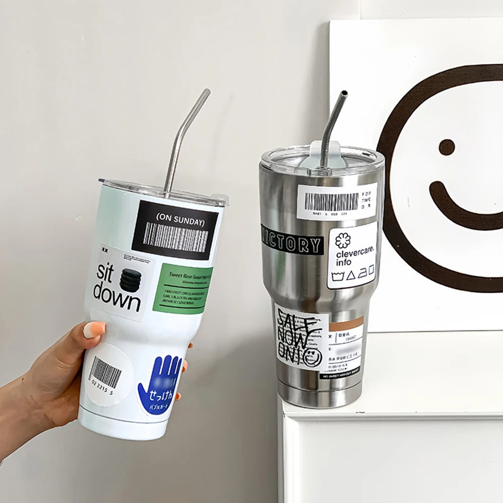 Stainless Steel Portable Coffee Cup With Lid And Straw, Hot And Cold Spill-Proof Travel Cup, Suitable For Cars, Daily, Travel
