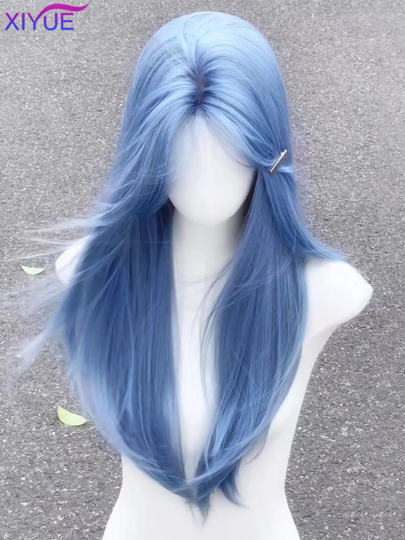 Long Straight Synthetic Wigs Light Blue with Ash Highlight Cosplay Wig with Bangs for Women Natural Hair Heat Resistant Fiber