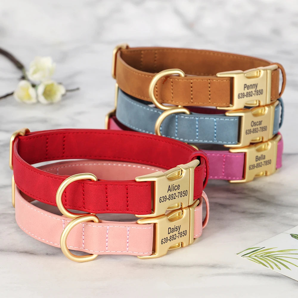 Custom Dog Collar PU Leather Dogs Collars Personalized Pet Necklace Adjustable for Small Medium Large Dogs Bulldog Pug Pink