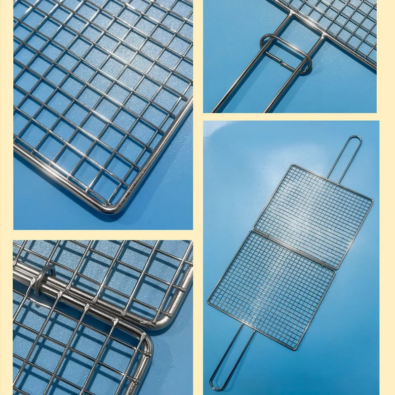Nonstick Stainless Steel 304 Food Grade FOLDING Square BBQ Net Mesh Barbecue Grill Basket with Handle for Fish Wings Vegetable