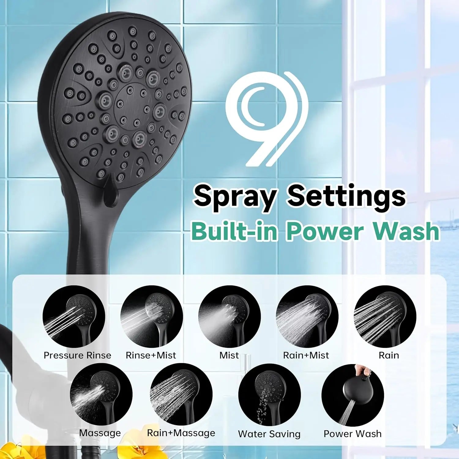 High Pressure Handheld Shower Head with 9 Spray Settings, Power Wash Mode, Long Hose, Adjustable Bracket - Bronze Finish