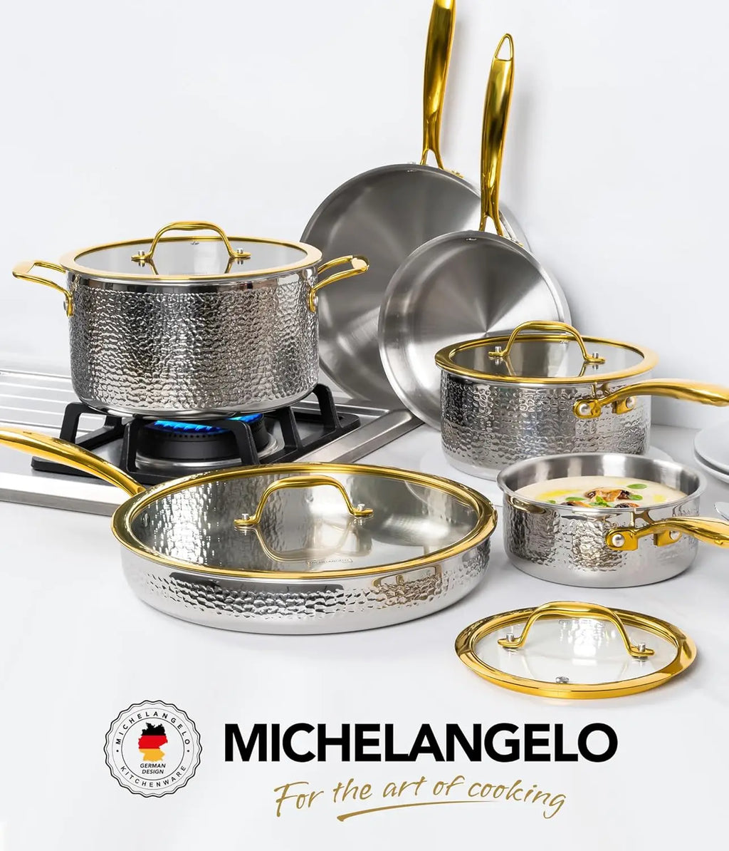 MICHELANGELO 10 Piece Set Frying Pans Soup Pot Stew Pot Stainless Steel Non-coated Kitchen PotsInduction Cooker Open Flame