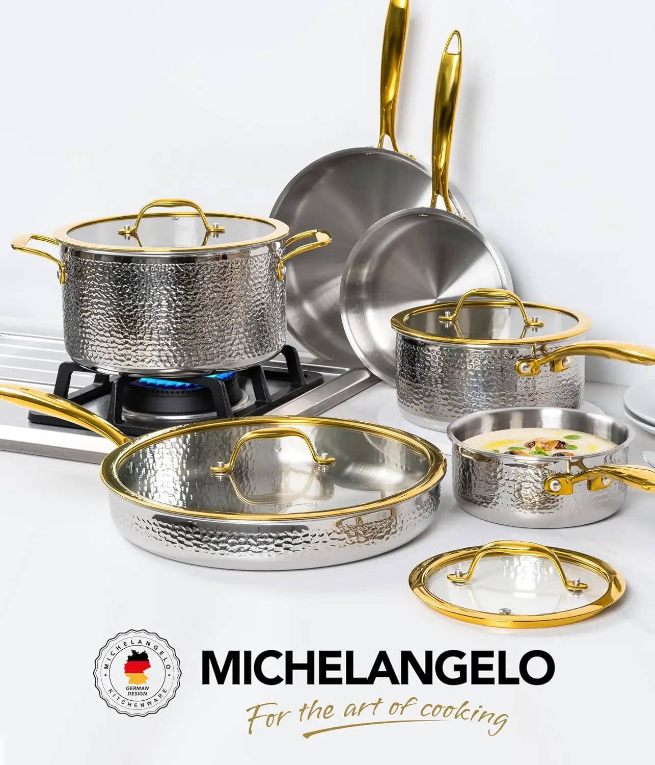 MICHELANGELO 10 Piece Set Frying Pans Soup Pot Stew Pot Stainless Steel Non-coated Kitchen PotsInduction Cooker Open Flame