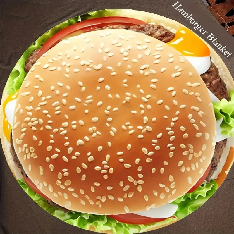 1pc Hamburger Print Blanket, Funny Food Flannel Round Blanket, Soft Warm Throw Blanket Nap Blanket For Couch Sofa Office Bed Cam