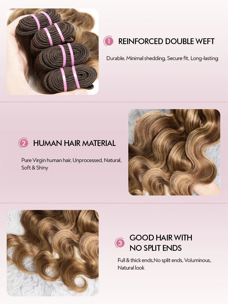 Ombre Highlight Body Wave Hair Bundles 22 24 26 28 Inch Remy Hair Extensions 4/27 Colored 100% Human Hair Brazilian Hair Weave