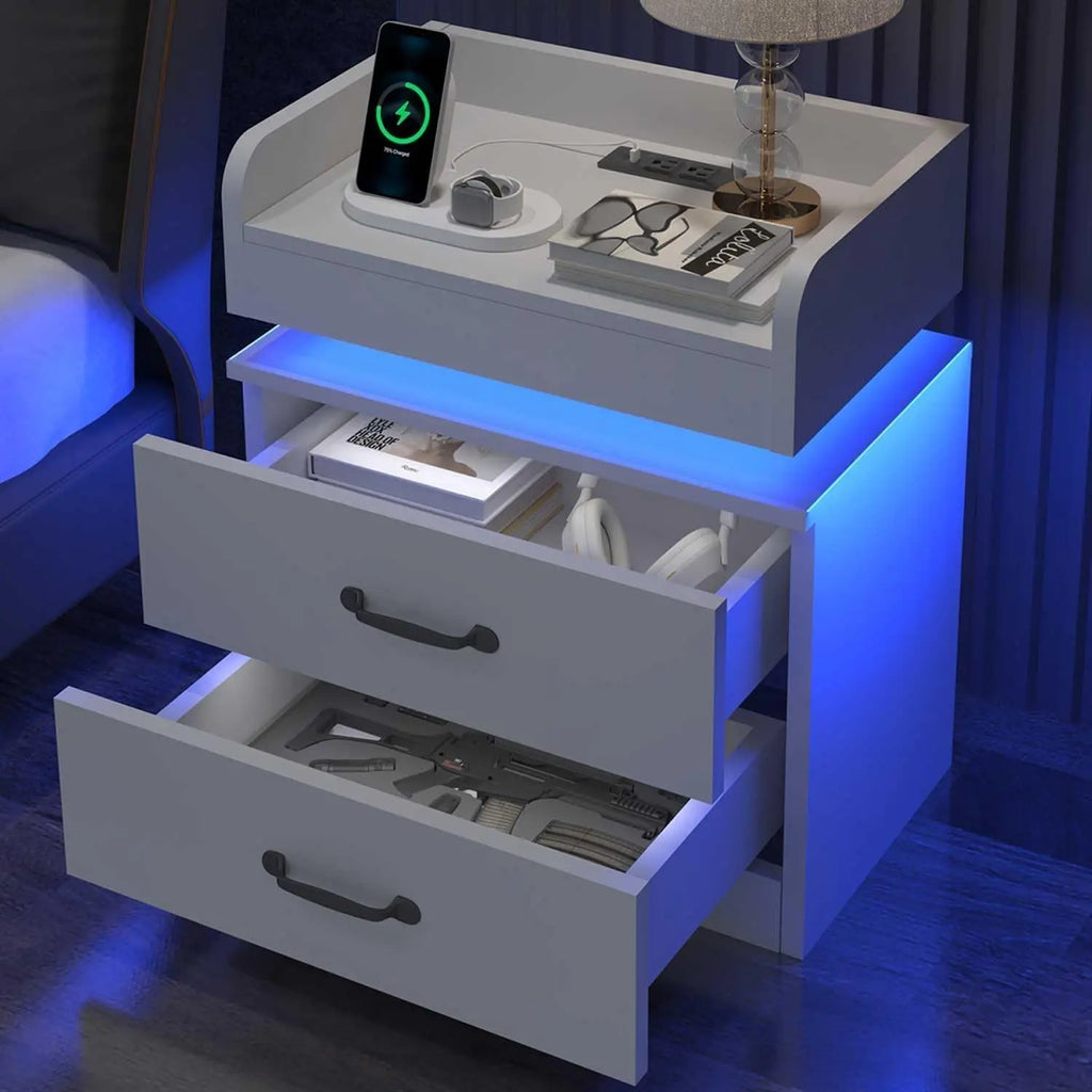 White Nightstand Set 2 Charging Station LED Lights Modern Bedroom Living Room End Table 2 Drawers, Customized