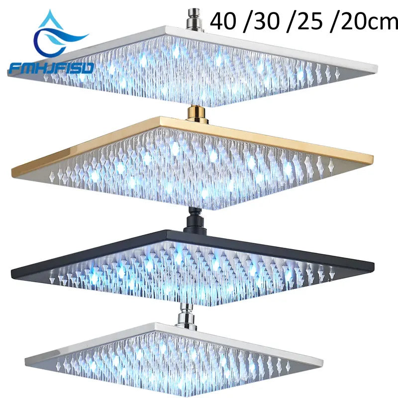 Black Chrome Nickel LED Rainfall Shower Head 8/10/12/16 inch LED Top Over Sprayer Heads Rainfall Shower Replacement Shower