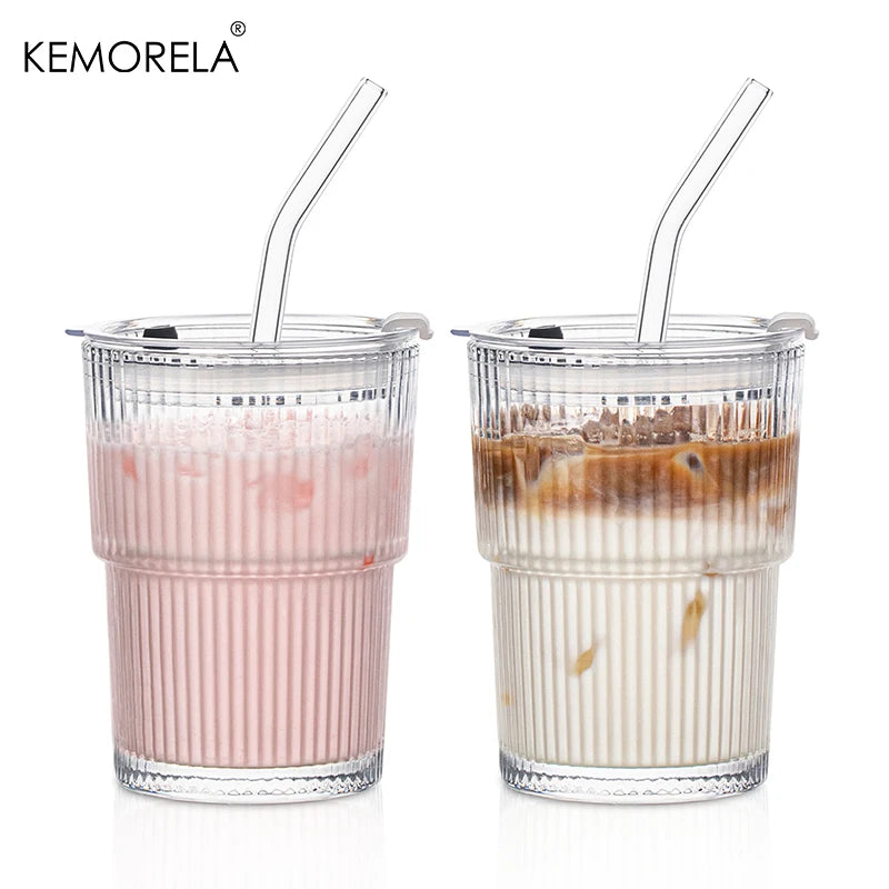 1/2PCS 450ml Stripe Glass Cup Whiskey Glass Transparent Glasses With Lid and Straw Ice Coffee Mug Juice Glass Milk BeerDrinkware