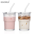 1/2PCS 450ml Stripe Glass Cup Whiskey Glass Transparent Glasses With Lid and Straw Ice Coffee Mug Juice Glass Milk BeerDrinkware