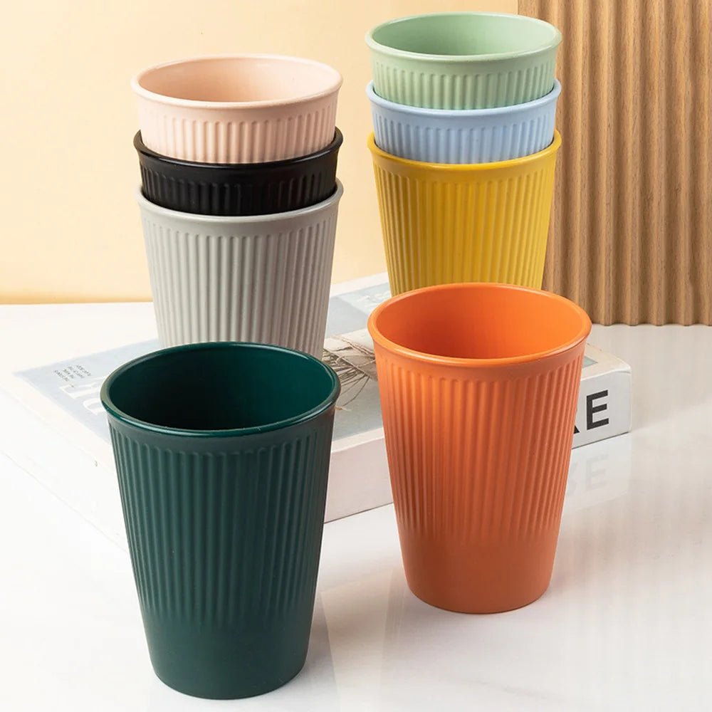 8Pcs Wheat Straw Stripe Couple Water Cups Multi-Functional Milk Coffee Mug Household Plastic Mouthwash Cup Drinking Accessories