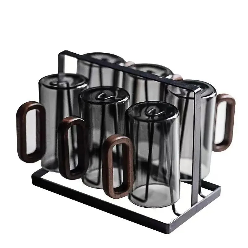 Household Creative Smoke Gray Wooden Handle Glass Mug Single-layer High Borosilicate Heat-resistant Glass Teacups