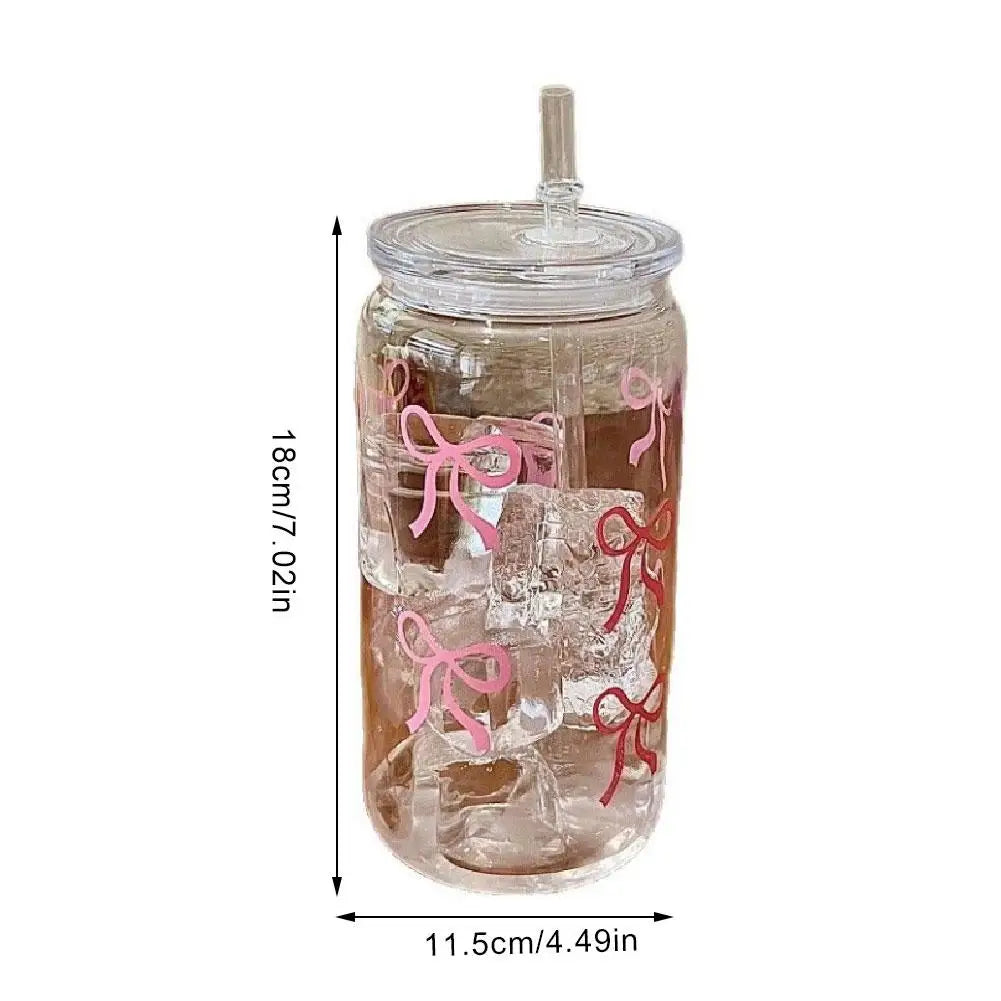 Cute Bow Glass Cup Tumbler Mason Jar Shaped Water Bottle With Lids Straw Coffee Cups Party Gift for Iced Coffee Juice Cup Gift