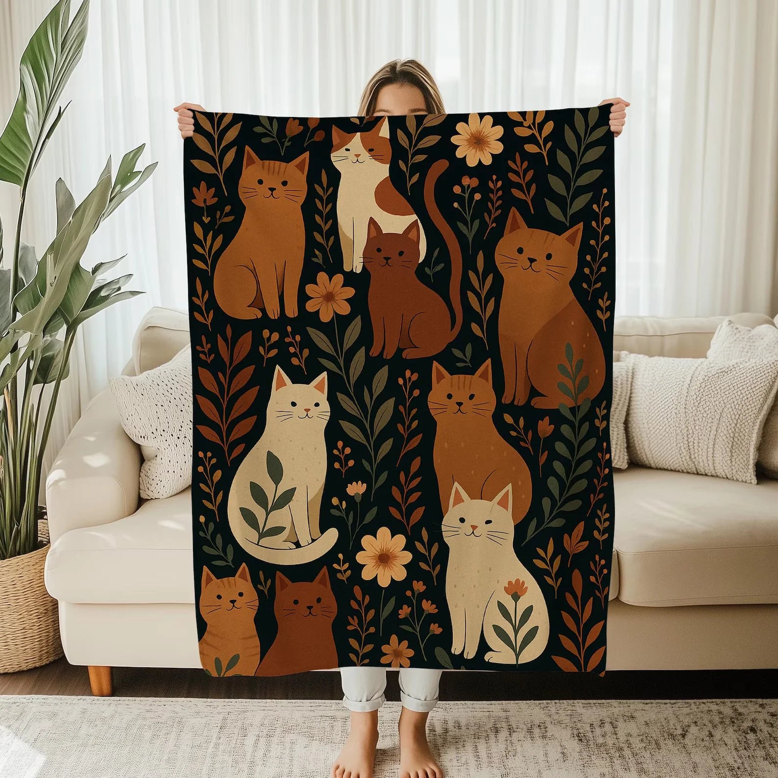 Funny Cats and Plants Blanket Cat Lover Cat Plant Lady Gifts Succulent Throw Gardener Cat Mom Gift Greenery Blanket Cat Blanket