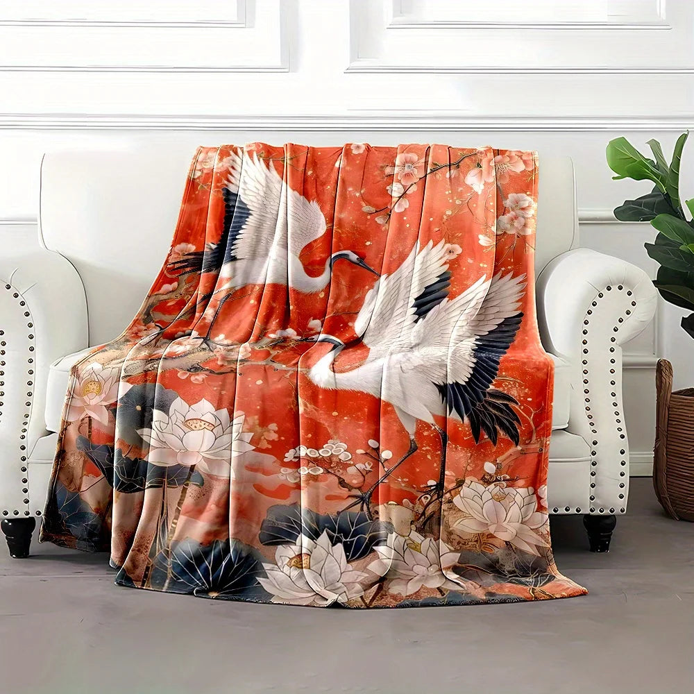 Flannel Throw Blanket with White Crane and Lotus Design, Digital Print Soft Polyester Flannel, Reversible, Non-Woven, No Pilling