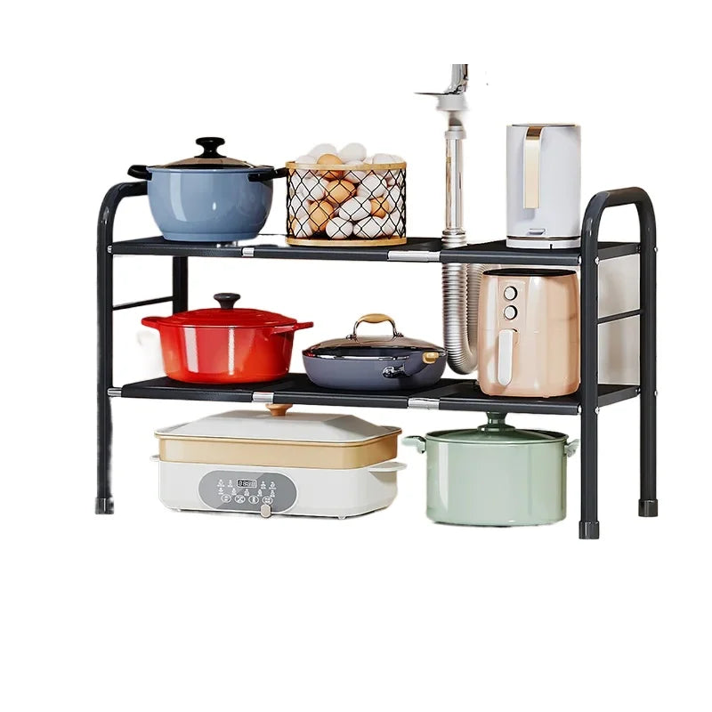 Telescopic Under-Sink Storage Rack Multi-Layer Organizer for Kitchen Cabinets Carbon Steel Construction for Cleaning