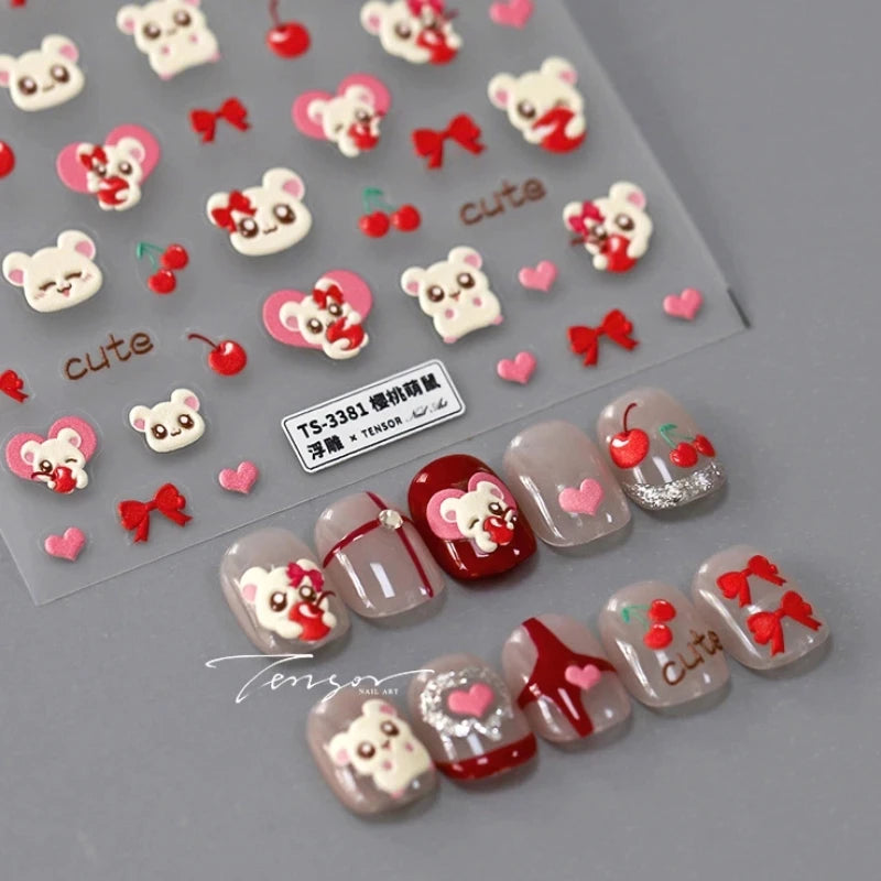 5D Embossed Reliefs Self Adhesive Nail Art Stickers Cute 3D Manicure Decals Wholesale Lovely Cartoon Red Cherry Bowknot Hamster