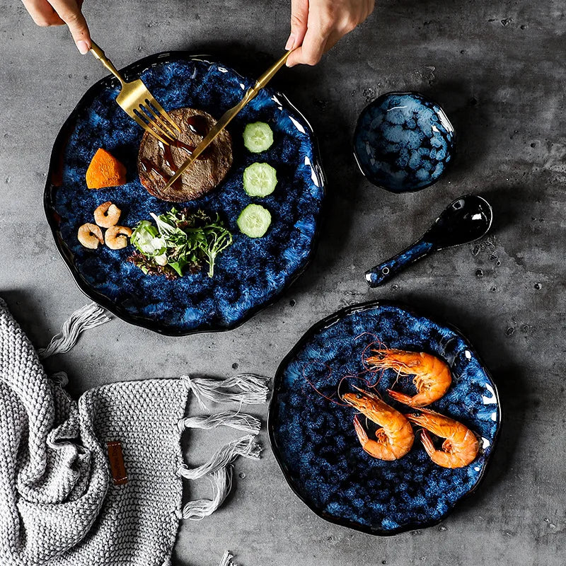 Creative Kiln-Change Bowl and Plate Tableware Home Retro Ceramic Tableware Hotel Dish Plate Rice Bowl Set Home Fish Plate