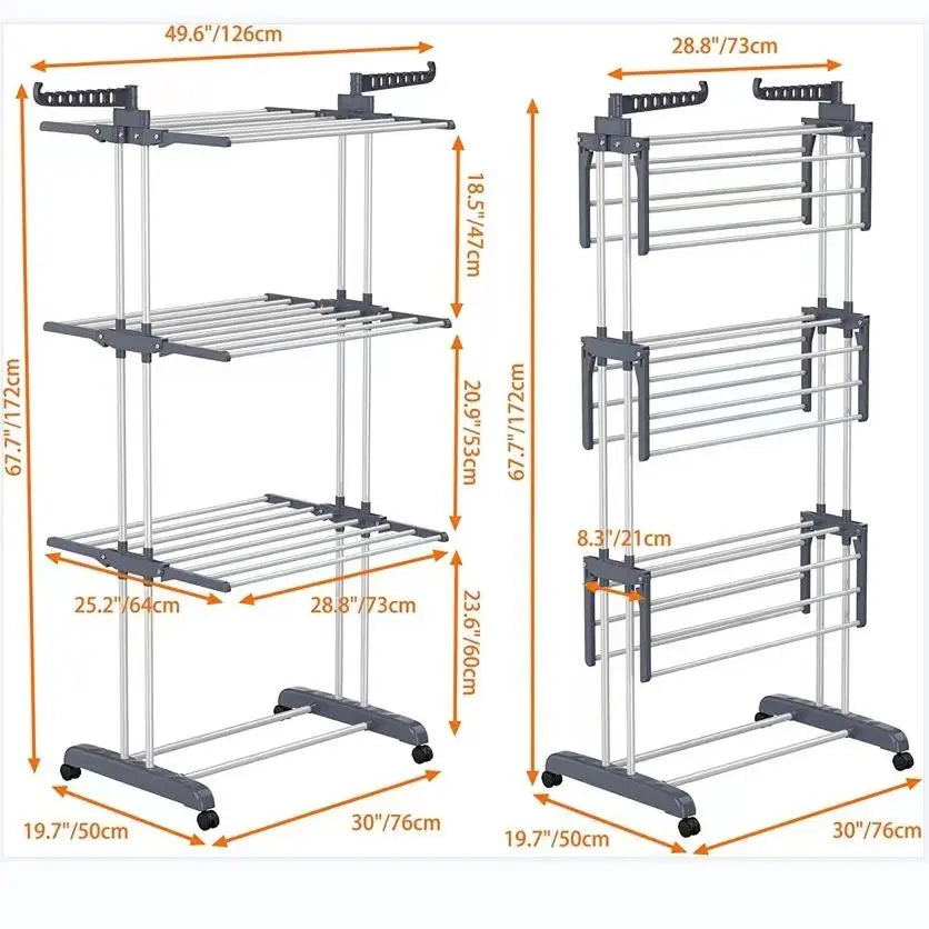 Clothes Drying Rack Stand 4-Tier Foldable Stainless Steel Movable Clothing Airer Multifunctional Laundry Coat Rack Household