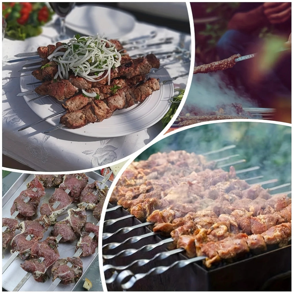 10PCS Kabob Skewers Flat Metal Stainless Steel BBQ Barbecue Skewer 12" Anti-Roll Heavy Duty Shish Kebob Sticks Wide Reusable Gri