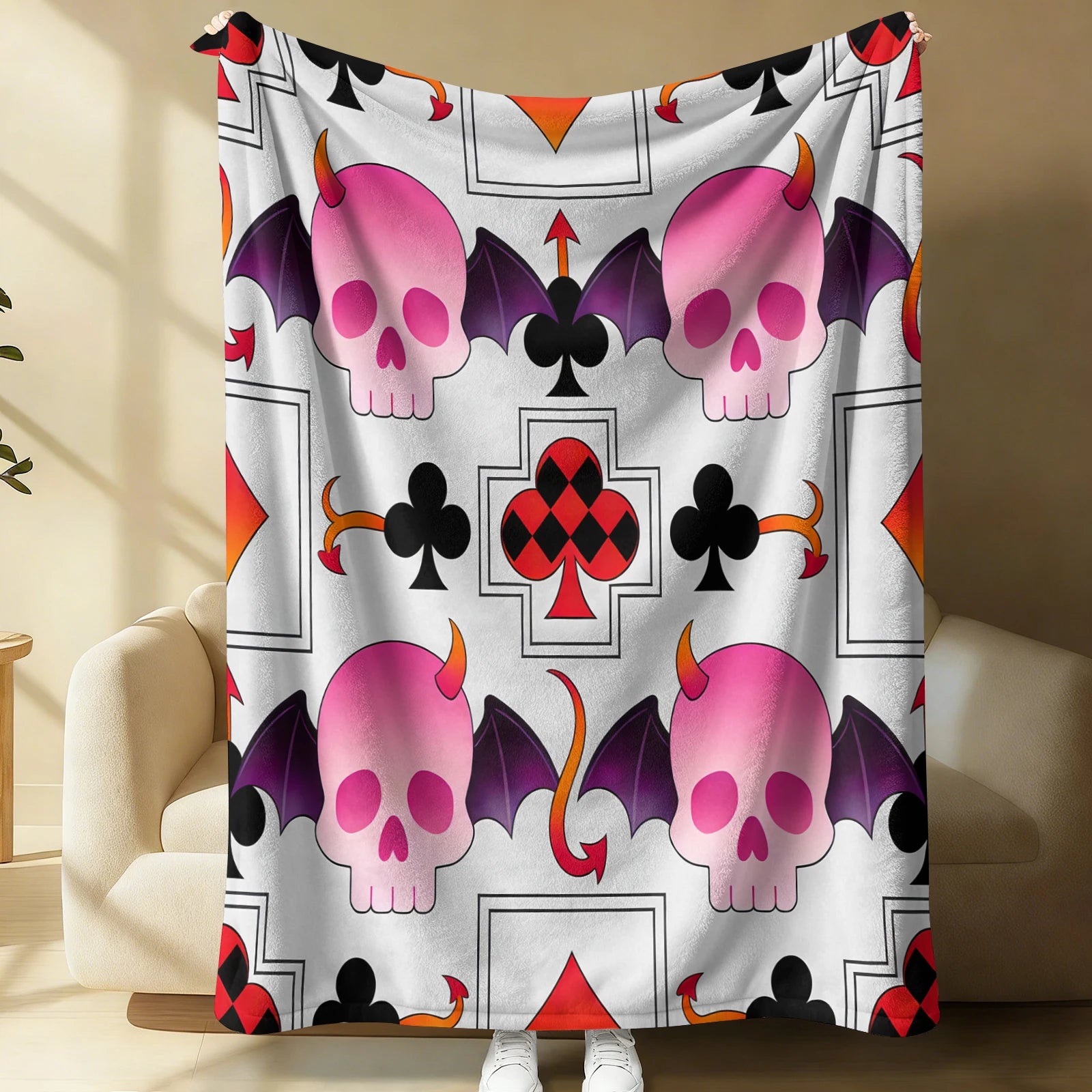 Kuromi Sanrio Flannel Throw Blanket Gothic Kawaii Card Skull Print Soft Warm Blanket for Girls Anime Home Decor Sofa Bed Blanket