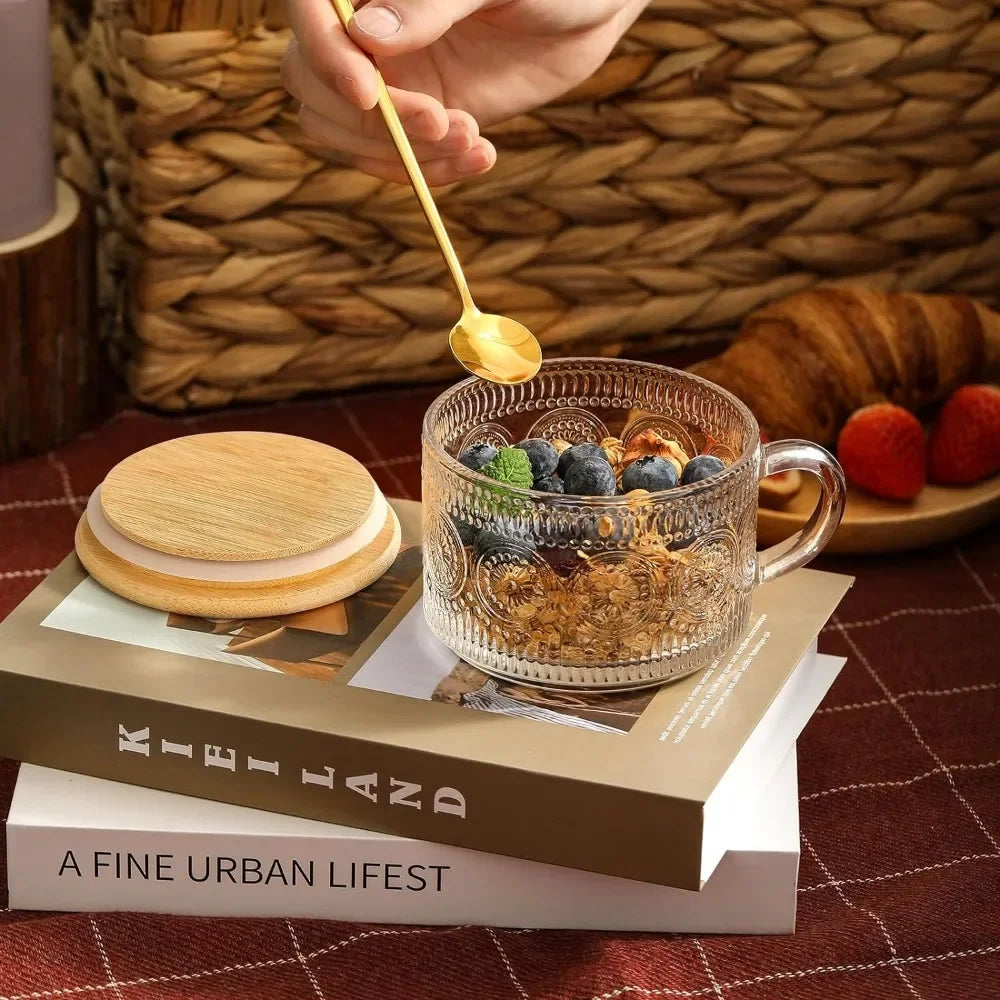 4pcs/Set Vintage Coffee Mugs Containers with Bamboo Lids and Spoons 14oz Clear Embossed Glass Cups for Birthday Christmas Party