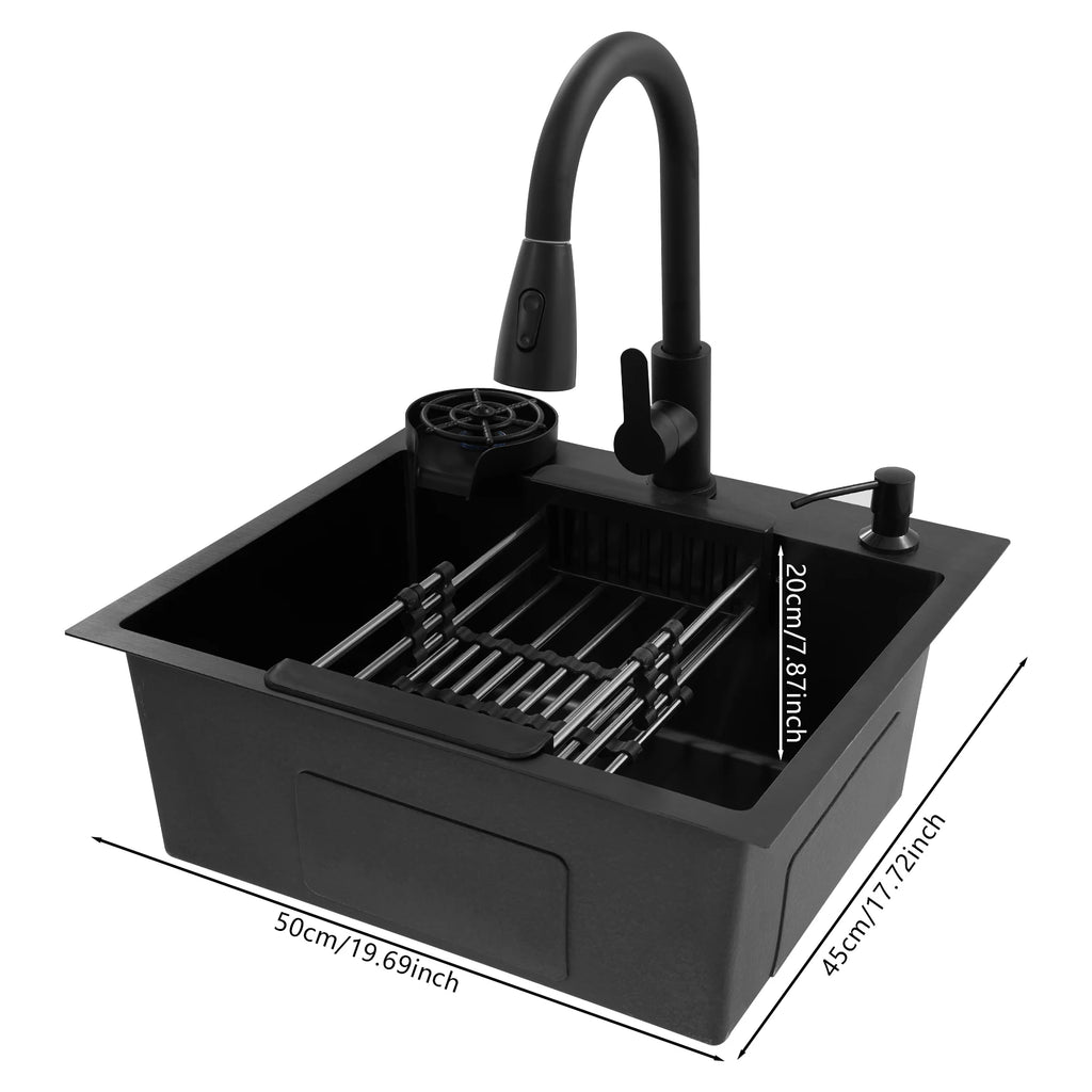 Kitchen Sink w/ Pull-Out Faucet & Drain Basket,  50*45cm Black Stainless Steel Single Bowl Sink Kit