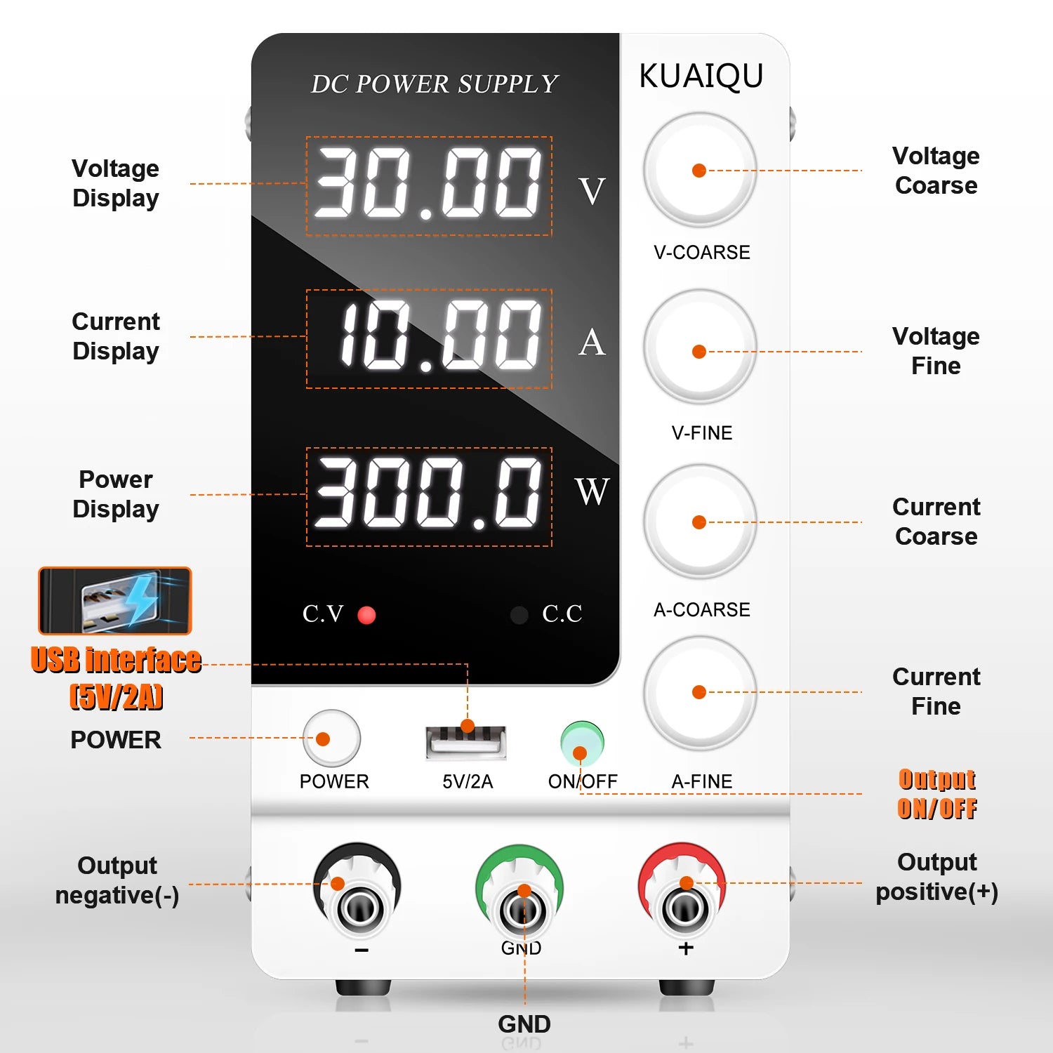 KUAIQU Adjustable Switching DC Power Supply 30V 10A 6A Lab Bench Power Supply 60V 5A 120V 3A Output Preset Current 20A 30A 60A