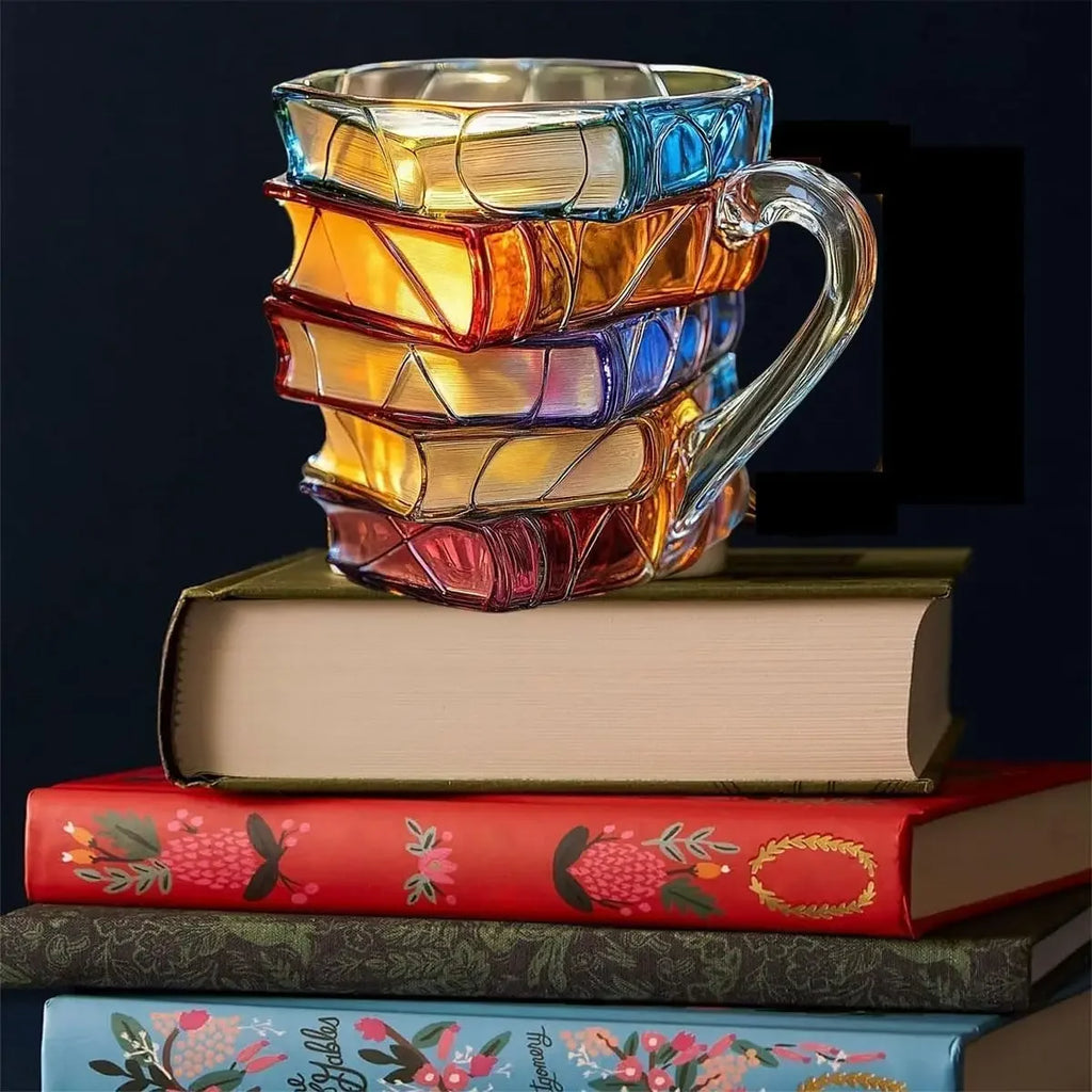 Painted Book Mug, 3D Colored Glass Book Coffee Mug, Novelty Books Stack Coffee Cup Christmas Gifts for Literature Book Lovers