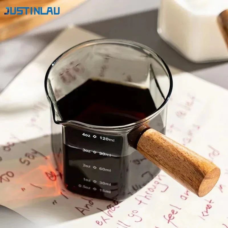 JUSTINLAU 120ML Coffee Extraction Cup High Borosilicate Glass Espresso Cups Single Mouth with Scale Wooden Handle Measuring Mugs