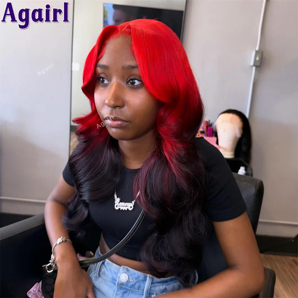 Ombre Red Roots Colored 13x6 HD Lace Frontal Wigs Body Wave Human Hair Wigs 220% Density 6X4 Pre Plucked Glueless Wigs for Women