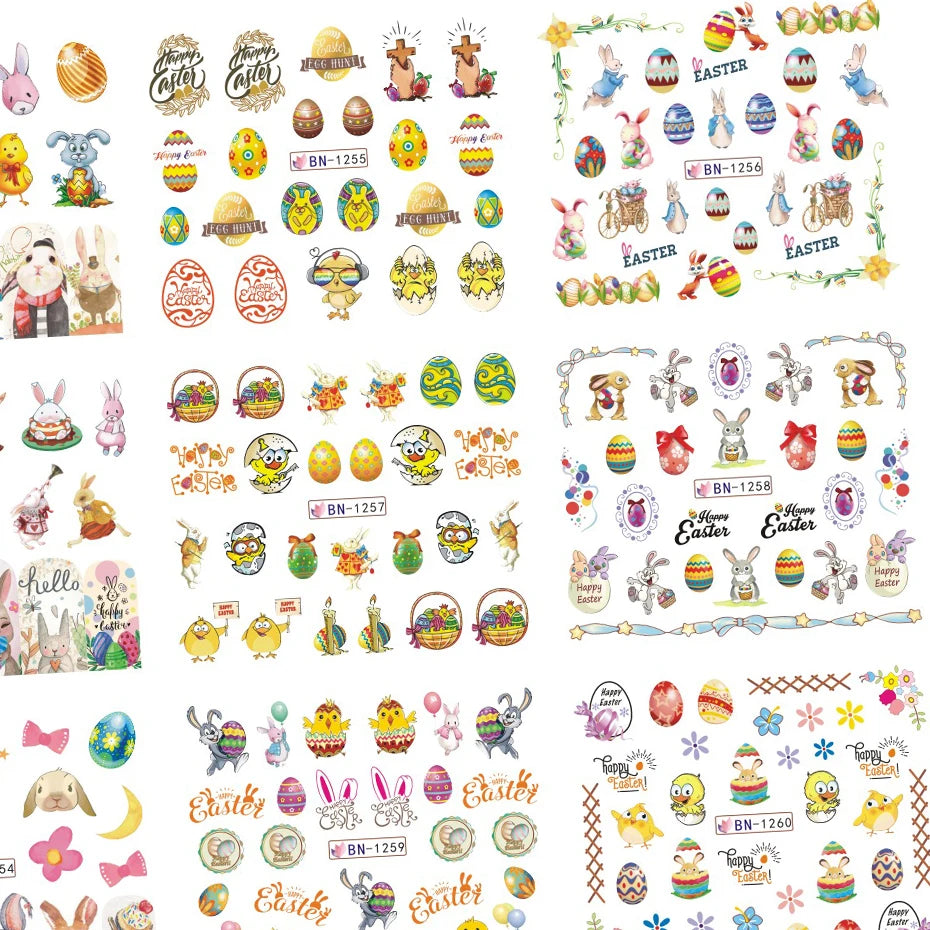 12Design Cartoon Animal Nail Art Water Transfer Stickers With Cute Bunnies And Colorful Eggs Nail Decals for Easter DIY Nail art